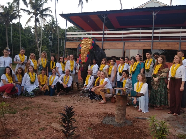 Yoga Teacher Training Students With Decorated Elephant During Opening Ceremony