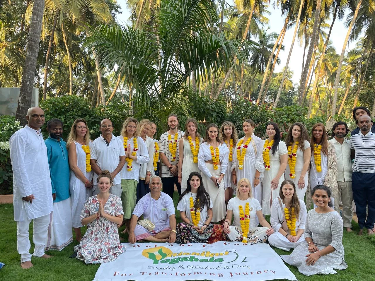 Group of Yoga Retreat Students Posing at Rishikul Yogshala in Goa