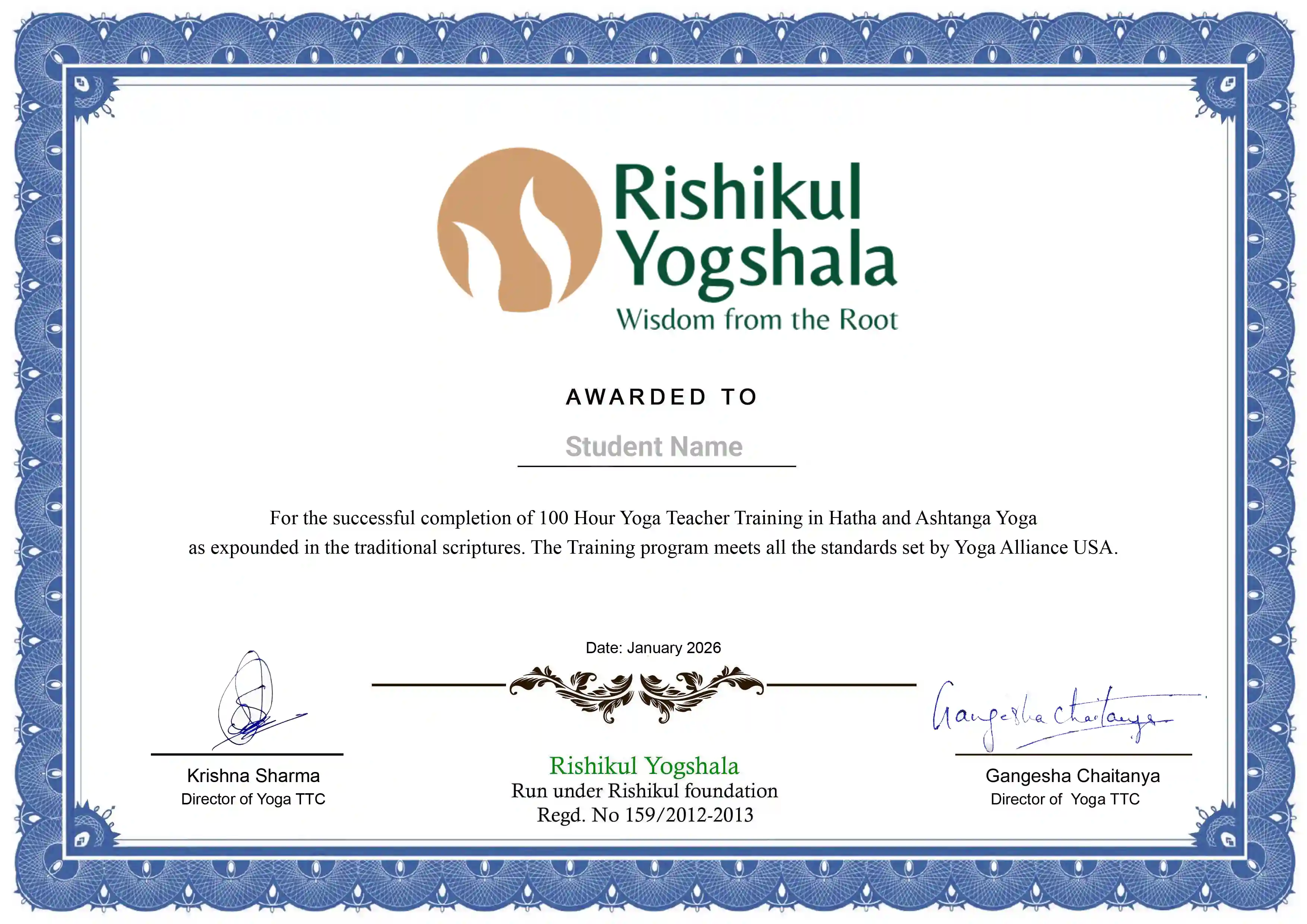 100 Hour Yoga Teacher Training Course Certification from Rishikul Yogshala Goa