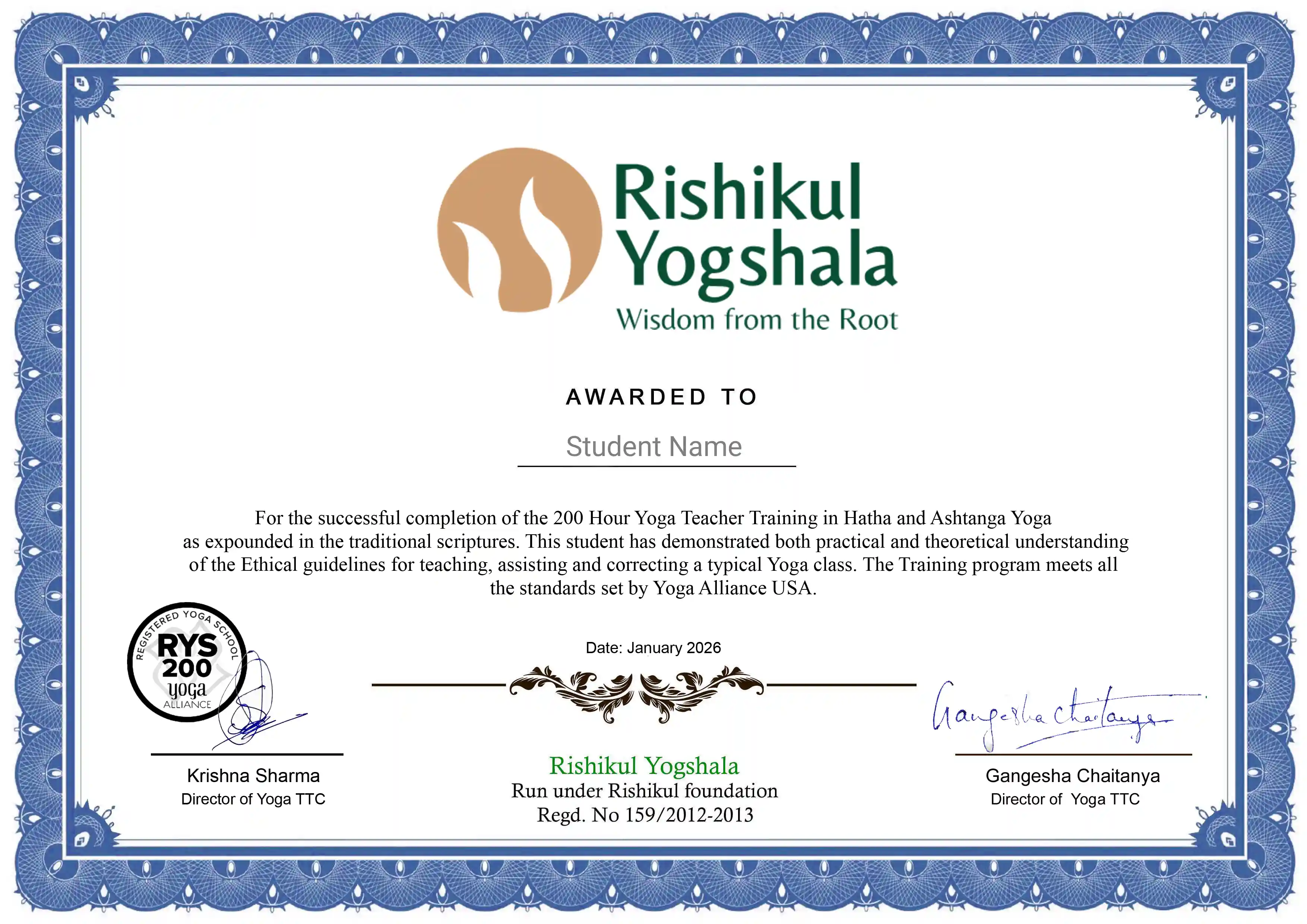 200 Hour Yoga Teacher Training Course Certification from Rishikul Yogshala Goa