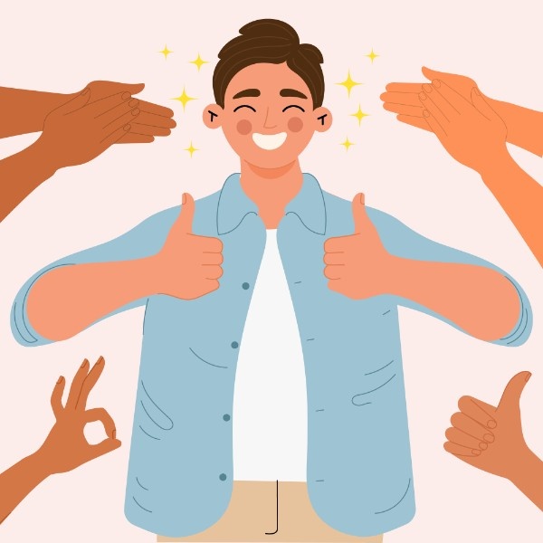 Morale :Positive Recognition by man Happy man giving thumbs up while Morale