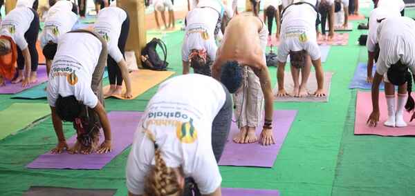 Students Practicing Yoga In India at Rishikul Yogshala in Kerala