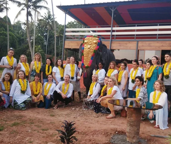 Yoga Teacher Training Graduation at Rishikul Yogshala Group of yoga retreat participants posing with a decorated elephant
