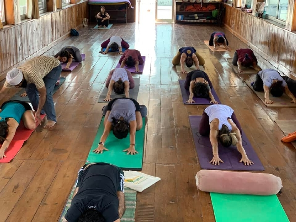 Yoga Class Practicing Child’s Pose in Rishikul Yogshala Group of people practicing the Child’s Pose (Balasana)